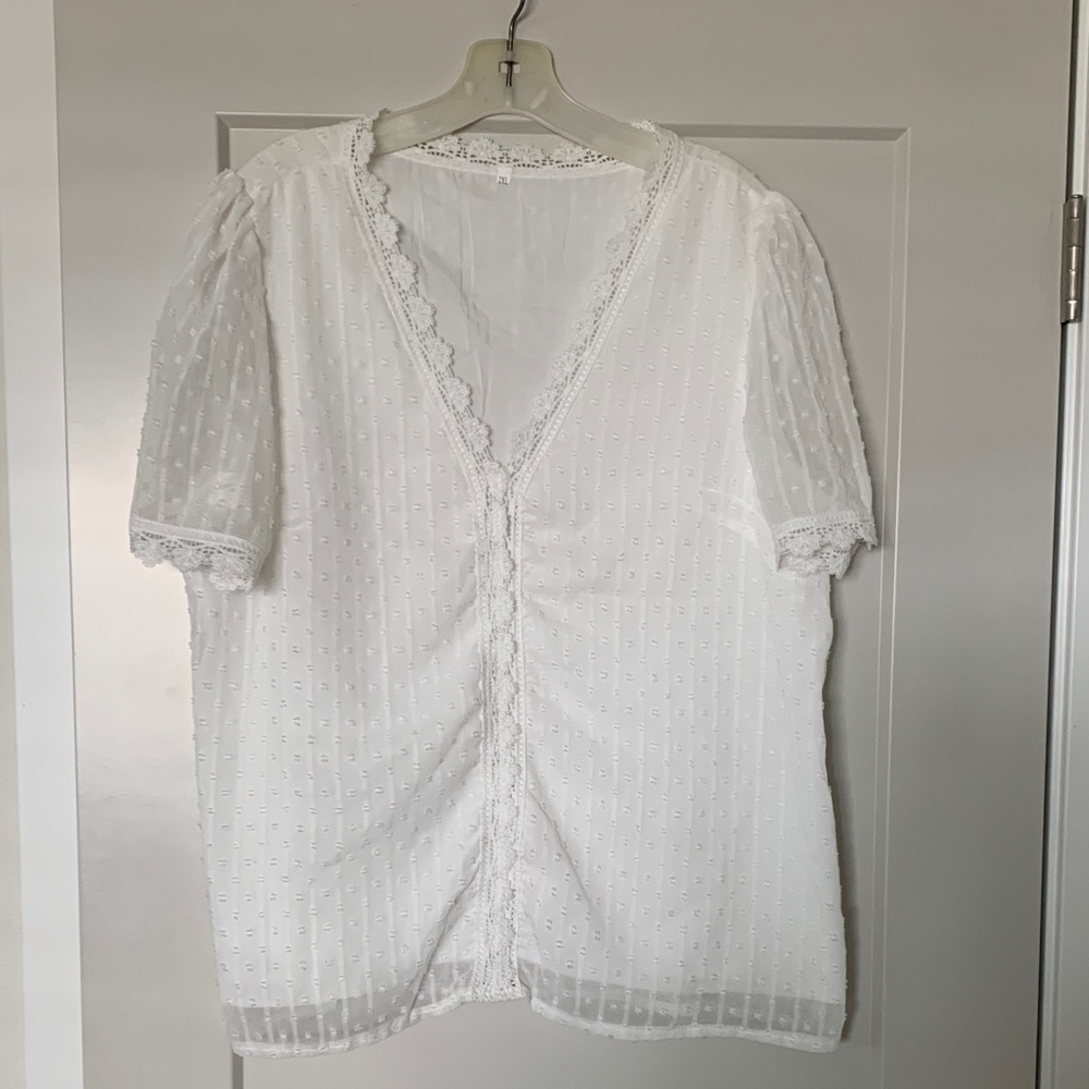 Amazon Elegant White Lace Trim Blouse